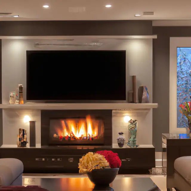 TV above a fireplace on a media wall, Newcastle Wall-mounted TV above a linear fire on a lit media wall with shelving